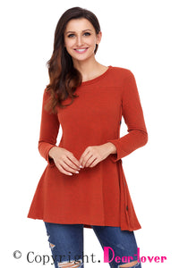Sexy Rust Red Button Side Long Sleeve Swingy Tunic