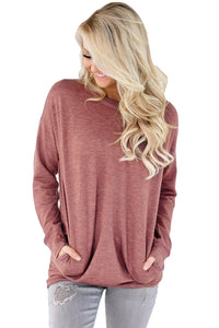 Sexy Rust Red Casual Pocket Style Long Sleeve Top