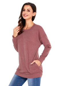Sexy Rust Red Casual Pocket Style Long Sleeve Top