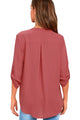 Sexy Rusty Rose V Neck Knotted Button-up Sleeve Blouse
