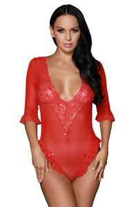 Sexy Santa Red Mesh and Lace Christmas Teddy Lingerie