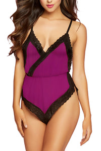 Sexy Scalloped Lace Trim Purple Sheer Teddy Lingerie