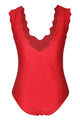 Sexy Scalloped V Neck Red One Piece Swimsuit