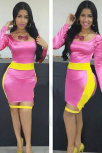 Sexy Shining Pink Yellow Party Bodycon Dress with Slit