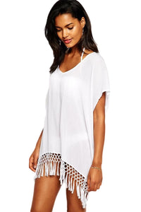 Sexy Short Kimono Sleeve Crochet Fringe Beach Kaftan