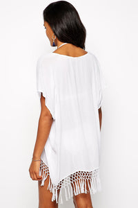 Sexy Short Kimono Sleeve Crochet Fringe Beach Kaftan