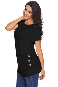 Sexy Side Button Detail Black Short Sleeve Shirt