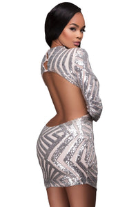 Sexy Silver Sequin Detail Open Back Party Mini Dress