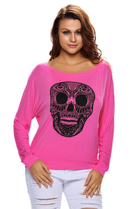 Sexy Skull Print Off Neck Pink Long Sleeve T-shirt
