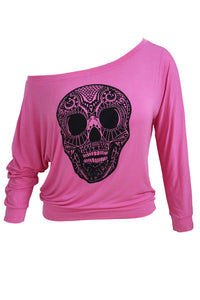 Sexy Skull Print Off Neck Pink Long Sleeve T-shirt