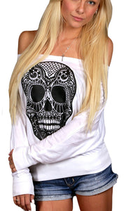 Sexy Skull Print Off Neck White Long Sleeve T-shirt