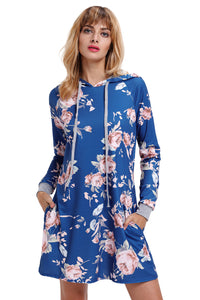 Sexy Slate Blue Floral Print Drawstring Hoodie Dress