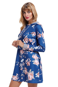 Sexy Slate Blue Floral Print Drawstring Hoodie Dress