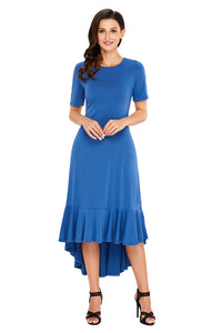 Sexy Slate Blue Flowy Ruffles Short Sleeve Casual Dress
