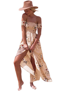 Sexy Smoked Off Shoulder Apricot Floral Maxi Dress