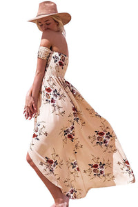 Sexy Smoked Off Shoulder Apricot Floral Maxi Dress