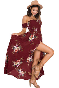 Sexy Smoked Off Shoulder Burgundy Floral Maxi Dress