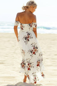 Sexy Smoked Off Shoulder White Floral Maxi Dress