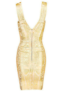 Sexy Snake Woodgrain Foil Print Bandage Dress in Gold