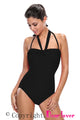 Sexy Solid Black Double Halterneck Ruched One Piece Swimsuit