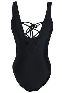Sexy Solid Black Lace Up V Neck Teddy Swimwear