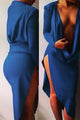 Sexy Solid Blue Drape Front Maxi Dress