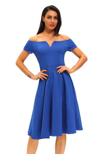 Sexy Solid Blue Thick Flare Midi Vintage Dress