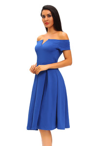 Sexy Solid Blue Thick Flare Midi Vintage Dress