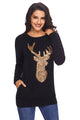 Sexy Sparkling Gold Sequin Reindeer Black Christmas Top