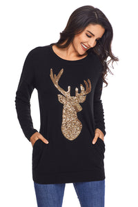 Sexy Sparkling Gold Sequin Reindeer Black Christmas Top