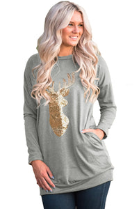 Sexy Sparkling Gold Sequin Reindeer Grey Christmas Top