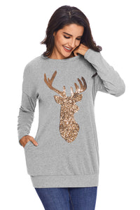 Sexy Sparkling Gold Sequin Reindeer Grey Christmas Top