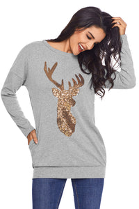 Sexy Sparkling Gold Sequin Reindeer Grey Christmas Top