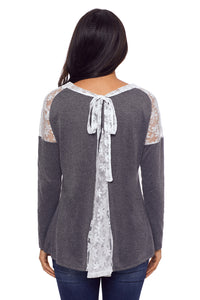 Sexy Split Effect Back Lace Insert Charcoal Long Sleeve Top