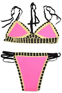 Sexy Strappy Halter Crochet Trimmed Pink Neoprene Swimsuit