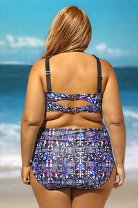 Sexy Strappy High Neck Printed 2pcs Plus Size Swimsuit