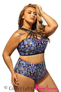 Sexy Strappy High Neck Printed 2pcs Plus Size Swimsuit