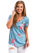 Sexy Strappy Neck Detail Blue Floral Short Sleeve T-shirt