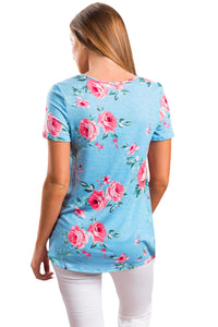 Sexy Strappy Neck Detail Blue Floral Short Sleeve T-shirt