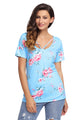 Sexy Strappy Neck Detail Blue Floral Short Sleeve T-shirt