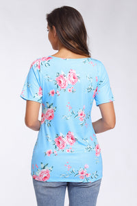 Sexy Strappy Neck Detail Blue Floral Short Sleeve T-shirt