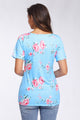 Sexy Strappy Neck Detail Blue Floral Short Sleeve T-shirt