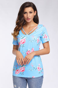 Sexy Strappy Neck Detail Blue Floral Short Sleeve T-shirt