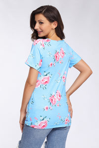 Sexy Strappy Neck Detail Blue Floral Short Sleeve T-shirt