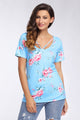 Sexy Strappy Neck Detail Blue Floral Short Sleeve T-shirt