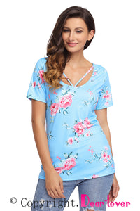 Sexy Strappy Neck Detail Blue Floral Short Sleeve T-shirt