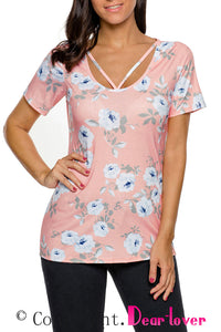 Sexy Strappy Neck Detail Blush Floral Short Sleeve T-shirt