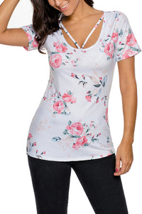 Sexy Strappy Neck Detail Light Floral Short Sleeve T-shirt
