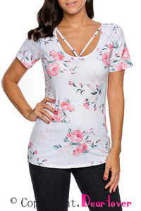 Sexy Strappy Neck Detail Light Floral Short Sleeve T-shirt