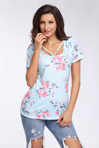 Sexy Strappy Neck Detail Mint Floral Short Sleeve T-shirt